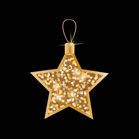 Christmas toy with sequins and glitter. Christmas decorations. Vector golden objects on a black backgroundのイラスト素材