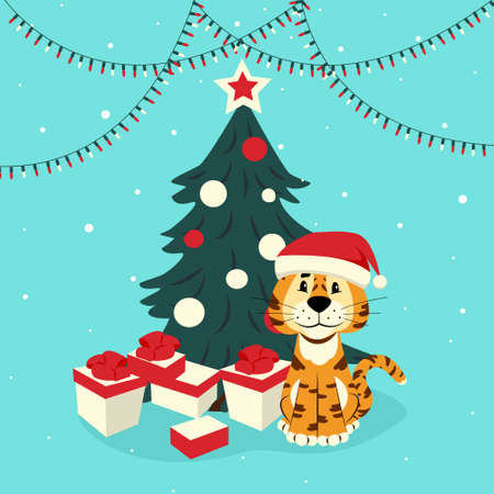 Cute tiger in a santa hat near the Christmas tree. Chinese New Year tiger. Vector illustration in flat styleのイラスト素材