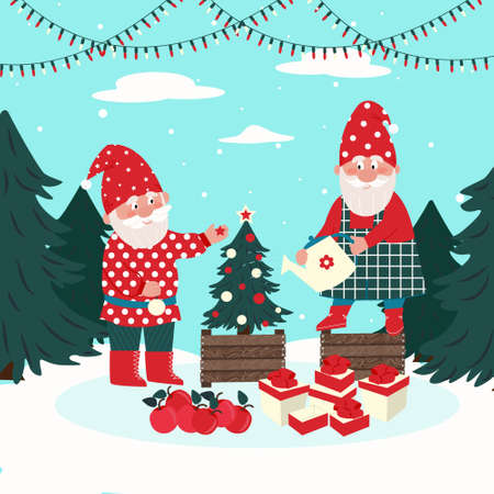 Two gnomes decorate a Christmas tree. Vector characters in flat style, cartoonのイラスト素材