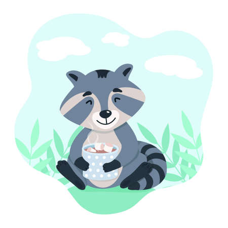 Cute raccoon drinking cocoa in nature. Funny animals. Vector illustration in flat styleのイラスト素材