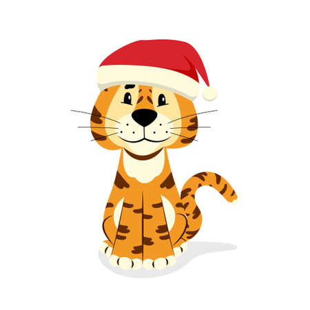 Tiger in a santa hat. Vector Christmas character on a white background. Wild animalsのイラスト素材