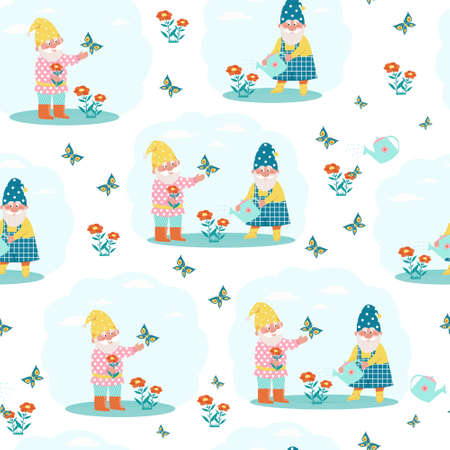 Cute gnomes watering flowers seamless pattern. Vector print in flat styleのイラスト素材