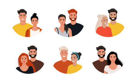 Young couple in flat style set. Women and men are different families. Vector illustrationのイラスト素材