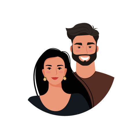 Beautiful couple, young woman and man, portraits. Vector illustration in flat styleのイラスト素材