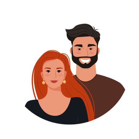 Beautiful couple, young woman and man, portraits. Vector illustration in flat styleのイラスト素材