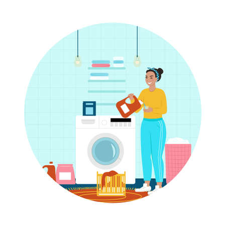 Happy woman in laundry, cleaning and washing. Vector illustrationのイラスト素材