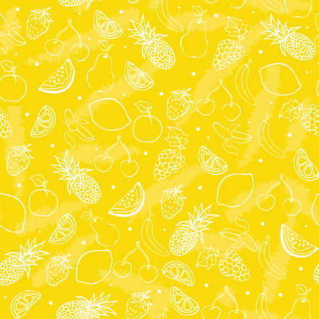 Fruit pattern in doodle style yellow background. Vector illustration of hand drawのイラスト素材