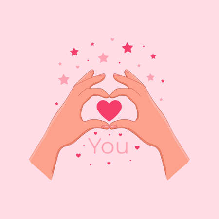 Two hands romantic symbols for valentines day set, my love text. Vector illustrationのイラスト素材