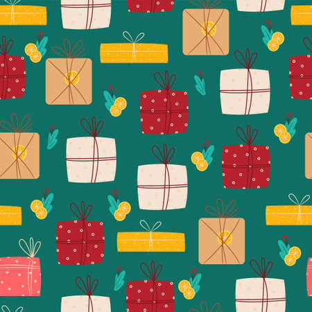 Gift boxes seamless pattern. Vector print flat cartoon styleのイラスト素材