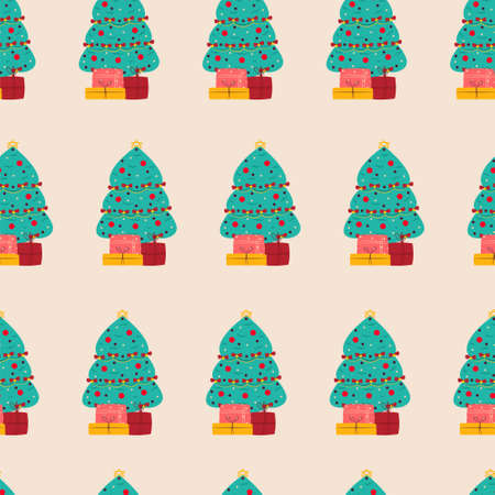 Gift boxes under the Christmas tree seamless pattern. Vector print flat cartoon styleのイラスト素材