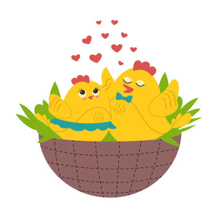 Two cute yellow chicks romantic couple in a basket. Vector illustrationのイラスト素材