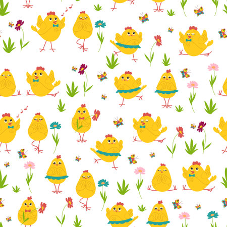 Cute chickens in different poses, flowers and butterflies seamless pattern. Easter chickens. Poultry. Vector illustrationのイラスト素材
