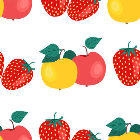 Apples and strawberries seamless pattern. Fruit print, vector illustration in flat styleのイラスト素材