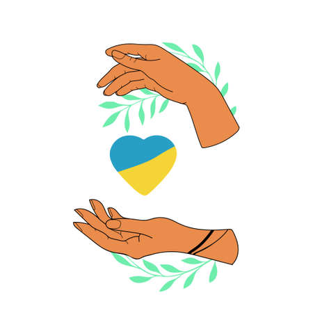 Two human hands holding the heart of Ukraine, blue and yellow colors flag, vector illustrationのイラスト素材