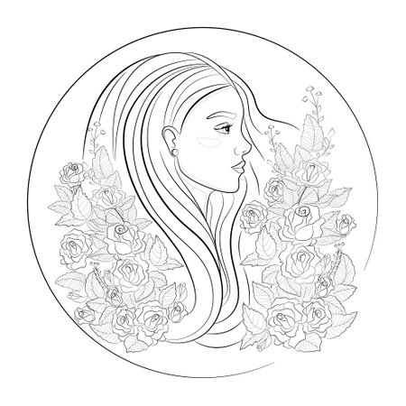 Beautiful young girl among roses. Coloring book for children and adults. Vector line art illustrationのイラスト素材