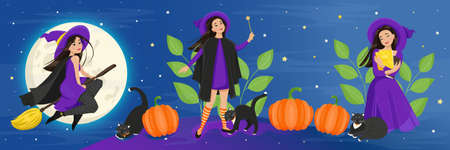 Female characters for Halloween set. A cute witch in a cloak and stockings flies on a broomstick, a black cat, pumpkins. Vector illustrationのイラスト素材