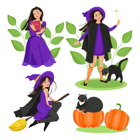 Female characters for Halloween set. A cute witch in a cloak and stockings flies on a broomstick, a black cat, pumpkins. Vector illustrationのイラスト素材