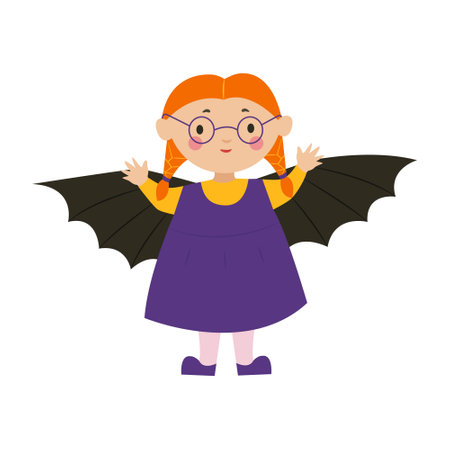 A girl in a bat costume for Halloween. A child in a carnival costume. Vector illustrationのイラスト素材
