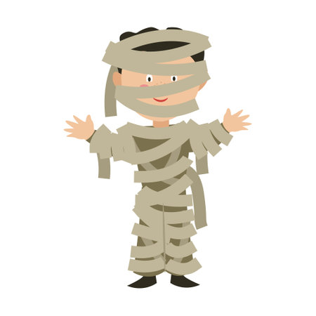 A boy in a mummy costume for Halloween. Vector illustration in flat styleのイラスト素材