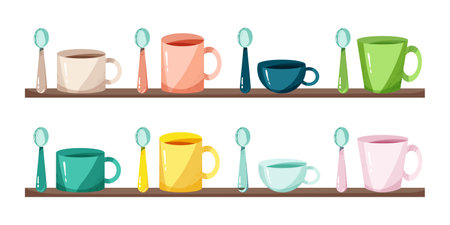 Colored cups of different shapes and spoons set. Vector illustration in flat style. Isolated objectsのイラスト素材