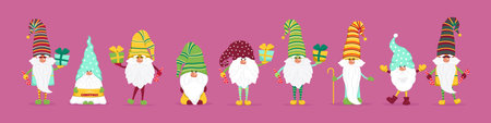 A large set of Christmas gnomes. Cute fairy tale characters with gifts and sweets. Vector illustration in flat style.のイラスト素材