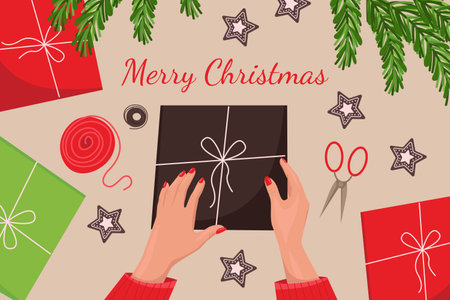 Wrapping gift boxes for Christmas and New Year holidays, top view, gingerbread cookies, Christmas tree branches, gifts, female hands with red manicure. Vector illustration in flat styleのイラスト素材