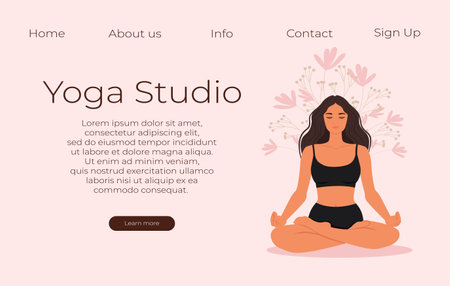 Yoga studio vector banner. The girl sits in the lotus position. Vector illustration in flat styleのイラスト素材