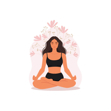 Girl doing yoga, Yoga pose of female characters. Meditation exercises in the lotus position. Vector illustrationのイラスト素材