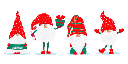 Three cute Christmas gnomes. Vector characters in flat style. Set of Christmas gnomes with gifts candies illustrationのイラスト素材