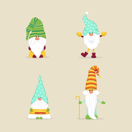 Cute Christmas gnomes. Vector characters in flat style. Set of Christmas gnomes with gifts candies illustrationのイラスト素材