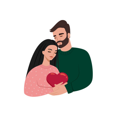 Beautiful couple in love hugging, Valentine s day, Woman with long hair, man with beard. Vector illustrationのイラスト素材