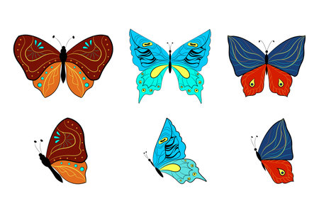 Set of colored butterflies, summer insects. Vector illustration. Flat styleのイラスト素材
