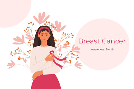 A woman with a pink ribbon on her chest is a symbol of the fight against breast cancer. Cancer prevention concept. Flat vector illustrationのイラスト素材