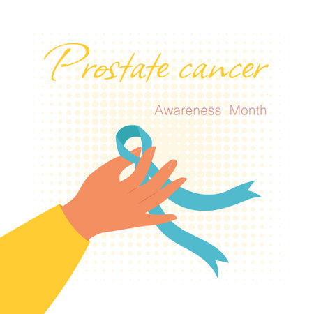 Blue ribbon in hand symbol of prostate cancer, vector banner. Male Cancer Awareness Monthのイラスト素材