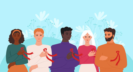 World AIDS Day. A group of people of different nationalities with red ribbons, a symbol of the fight against HIV. Vector illustrationのイラスト素材