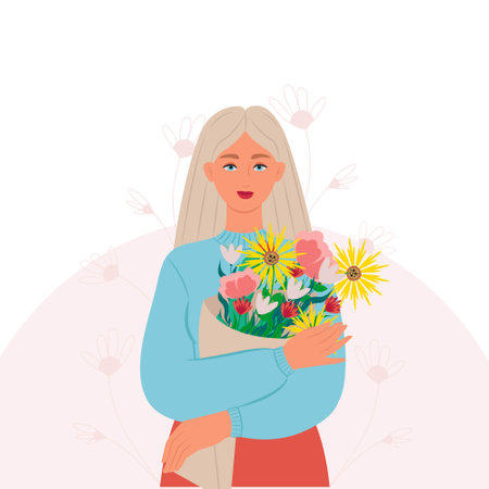 A young blonde woman with a bouquet of flowers in her hands. Vector illustration in flat styleのイラスト素材