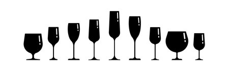 A set of black silhouettes of glasses of different shapes. Vector clip art isolate on white. Simple minimalistic illustrationのイラスト素材