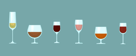 Set of glasses with different alcohol, Vector glass glasses of different shapes in flat styleのイラスト素材