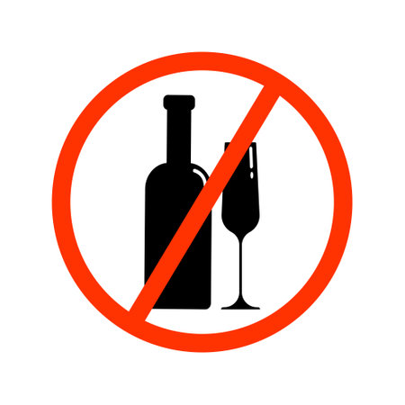 A set of black silhouettes of a bottle and a glass in a red crossed out circle. Vector clip art isolate on white. Alcohol ban illustrationのイラスト素材
