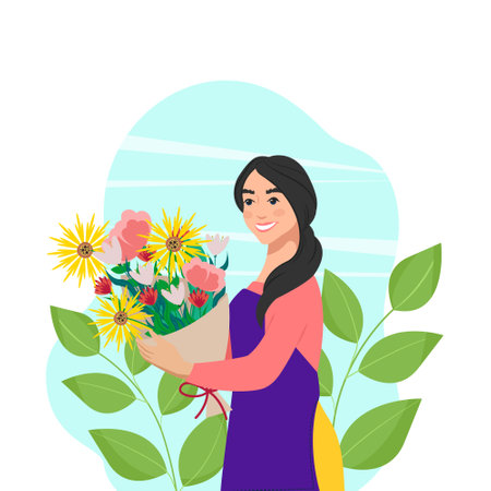 A young woman holds a lush bouquet of flowers in her hands. Vector illustration in flat style. Cute female characterのイラスト素材