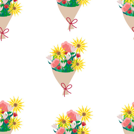 Bouquet of different flowers seamless pattern. Vector beige floral print in flat styleのイラスト素材