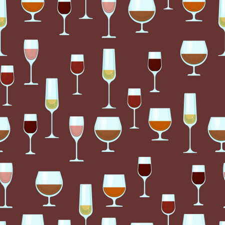 Wine glasses of different shapes with different alcohol seamless pattern. Vector background with alcohol. Print with alcoholic drinksのイラスト素材