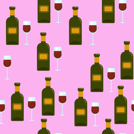 Bottle and glass of red wine seamless pattern. Vector background with alcohol. Print with alcoholic drinksのイラスト素材