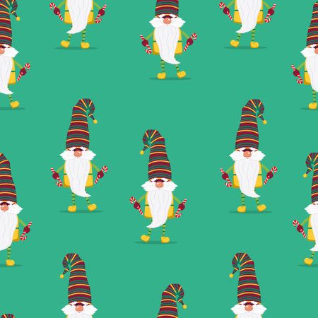 Funny gnomes with gifts seamless pattern. Cheerful gnomes in hats vector characters flat styleのイラスト素材