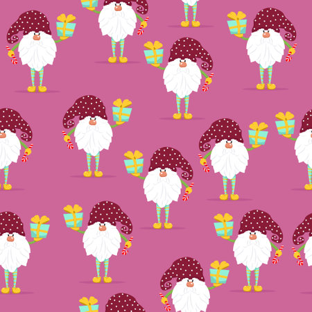 Funny gnomes with gifts seamless pattern. Cheerful gnomes in hats vector characters flat styleのイラスト素材