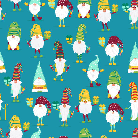 Funny gnomes with gifts seamless pattern. Cheerful gnomes in hats vector characters flat styleのイラスト素材