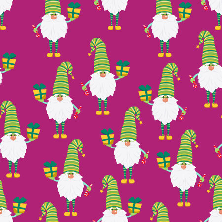 Funny gnomes with gifts seamless pattern. Cheerful gnomes in hats vector characters flat styleのイラスト素材