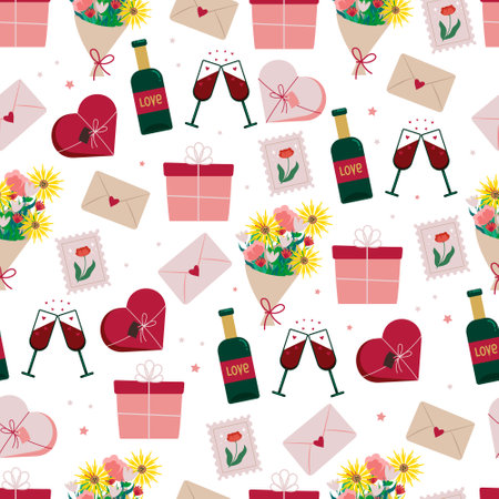 Romantic seamless pattern with envelopes flowers gifts Valentine s Day. Vector background with pink hearts, glasses and a bottle of red wineのイラスト素材