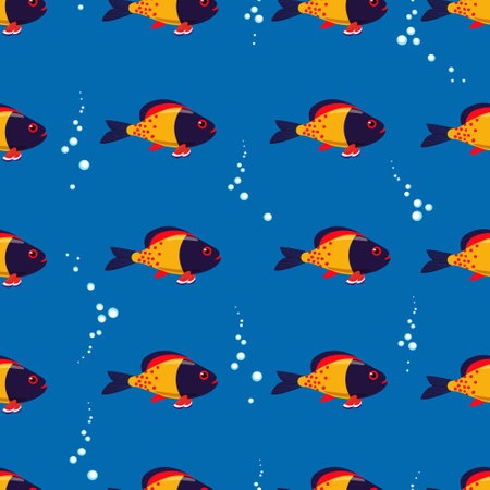 Exotic green fish seamless pattern. Vector sea fish in flat style. Marine lifeのイラスト素材