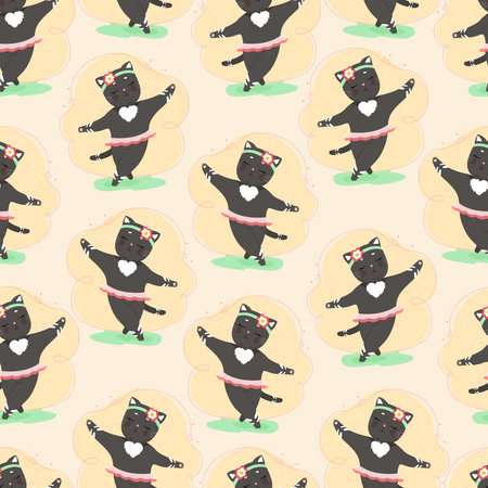 Joyful cat in skirt dancing seamless pattern, cute cat character in flat style. Vector illustration of a petのイラスト素材